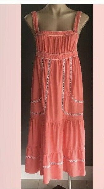 AVOCADO Midi Dress Coral & White Piping Sleeveless Ladies Size 12 Boho Beach NEW