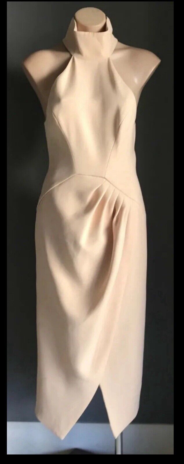 C/MEO COLLECTIVE "Kiss Land" Midi Dress Beige High Neck Races Cocktail Size M 10