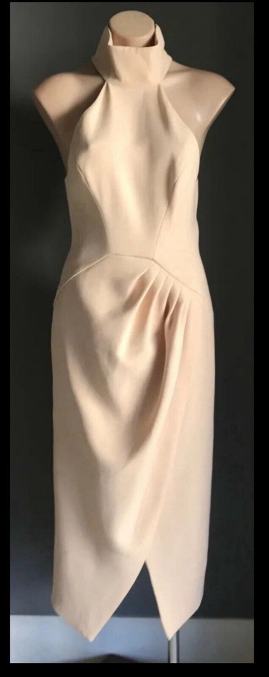 C/MEO COLLECTIVE "Kiss Land" Midi Dress Beige High Neck Races Cocktail Size M 10