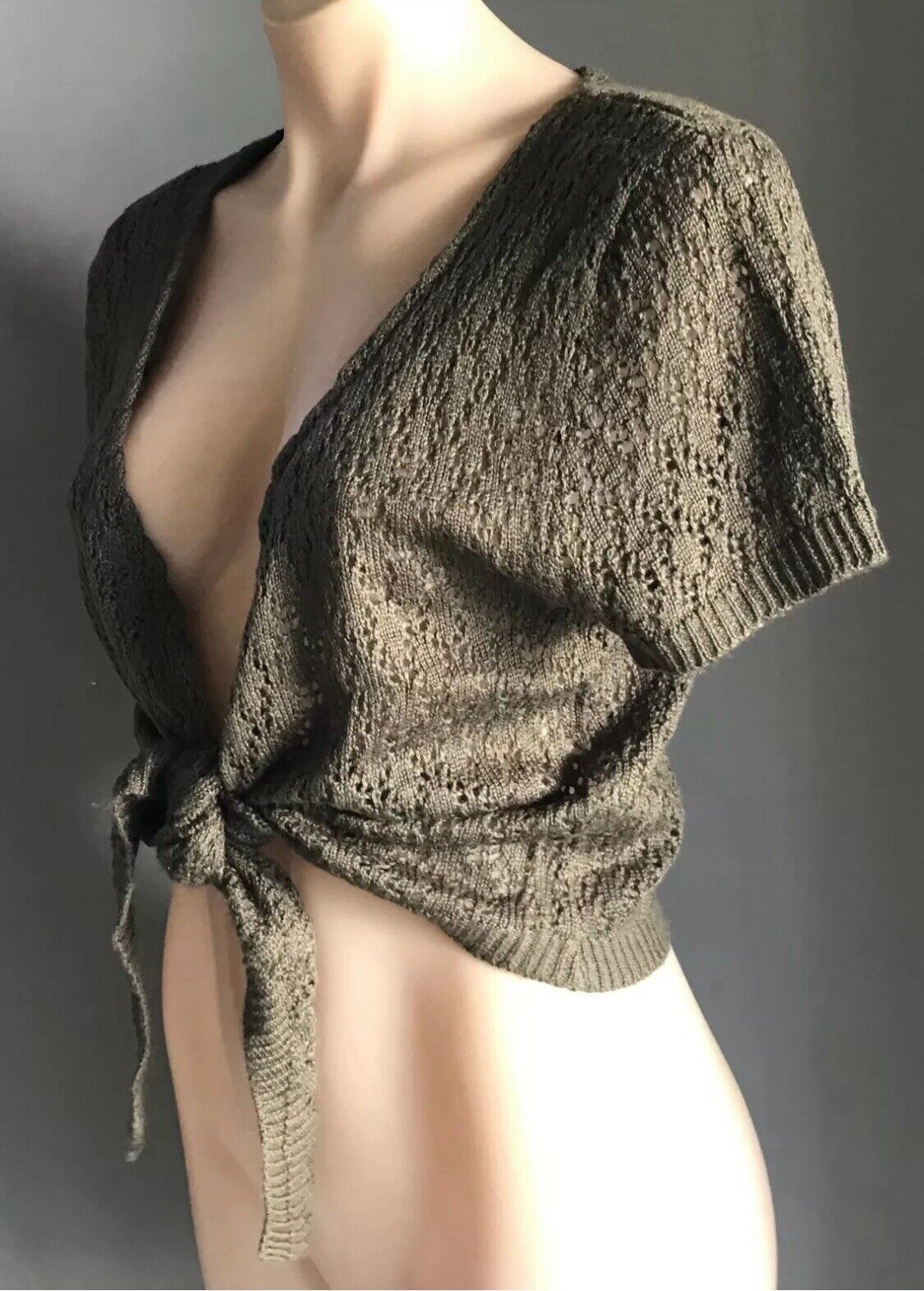 CROSSROADS Cardigan Khaki Knit Short Sleeve Tie Front Bolero Plus Size XL 18 NEW