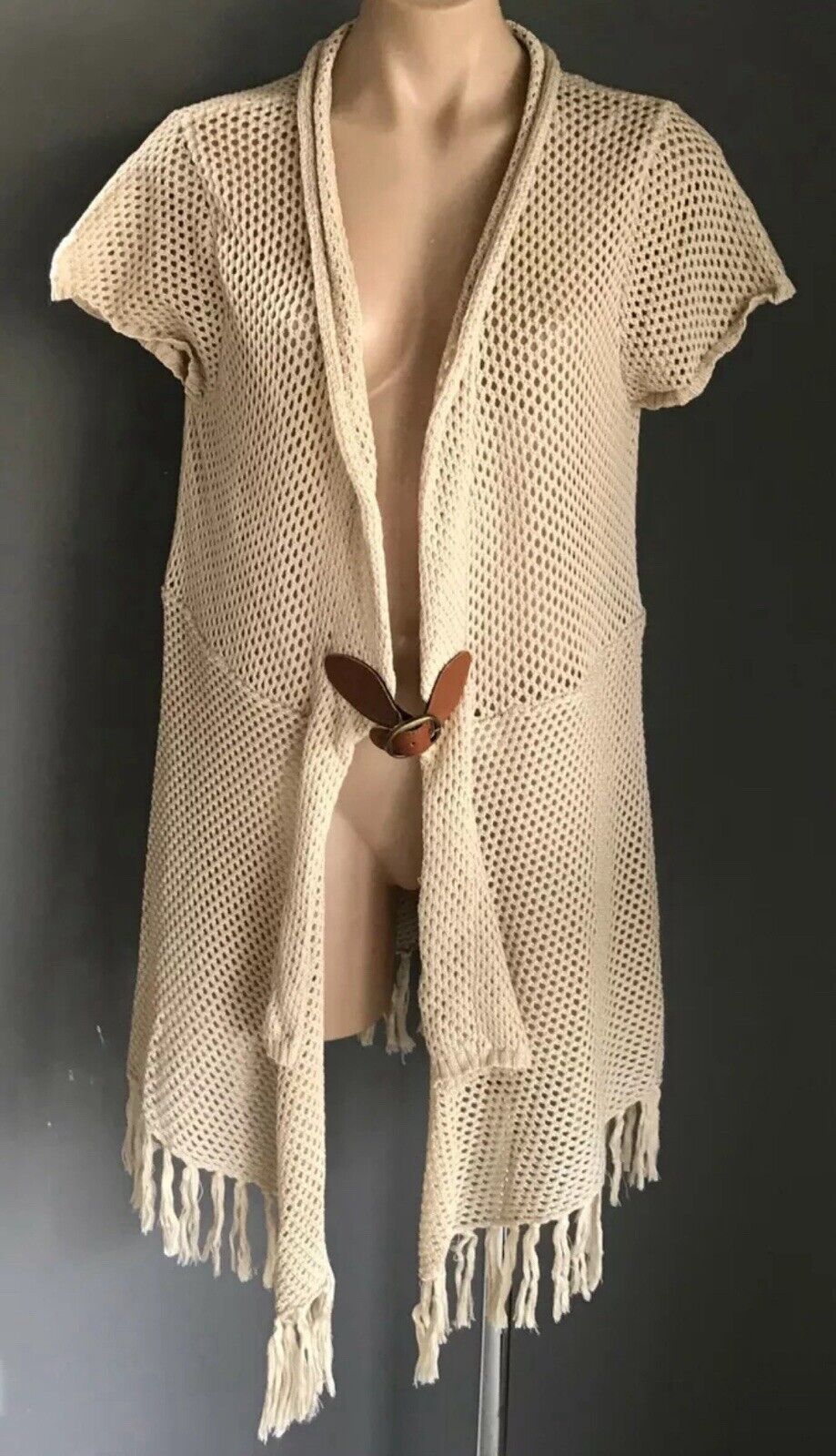 CROSSROADS Long Cardigan Beige Open Knit Jacket Cap Sleeve Fringed  Size 20 NEW