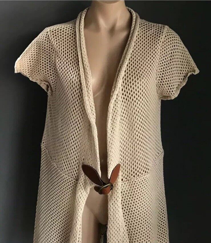 CROSSROADS Long Cardigan Beige Open Knit Jacket Cap Sleeve Fringed  Size 20 NEW