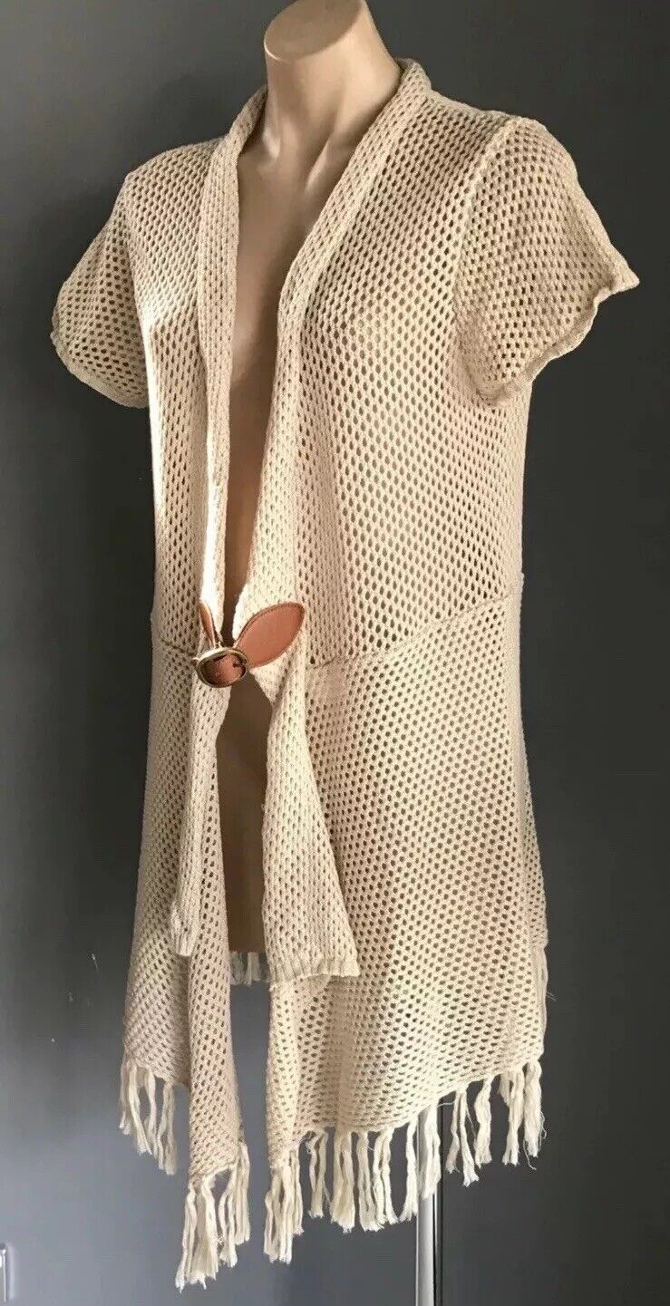 CROSSROADS Long Cardigan Beige Open Knit Jacket Cap Sleeve Fringed  Size 20 NEW
