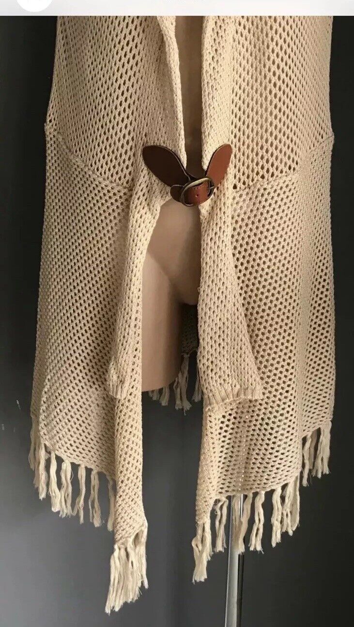 CROSSROADS Long Cardigan Beige Open Knit Jacket Cap Sleeve Fringed  Size 20 NEW