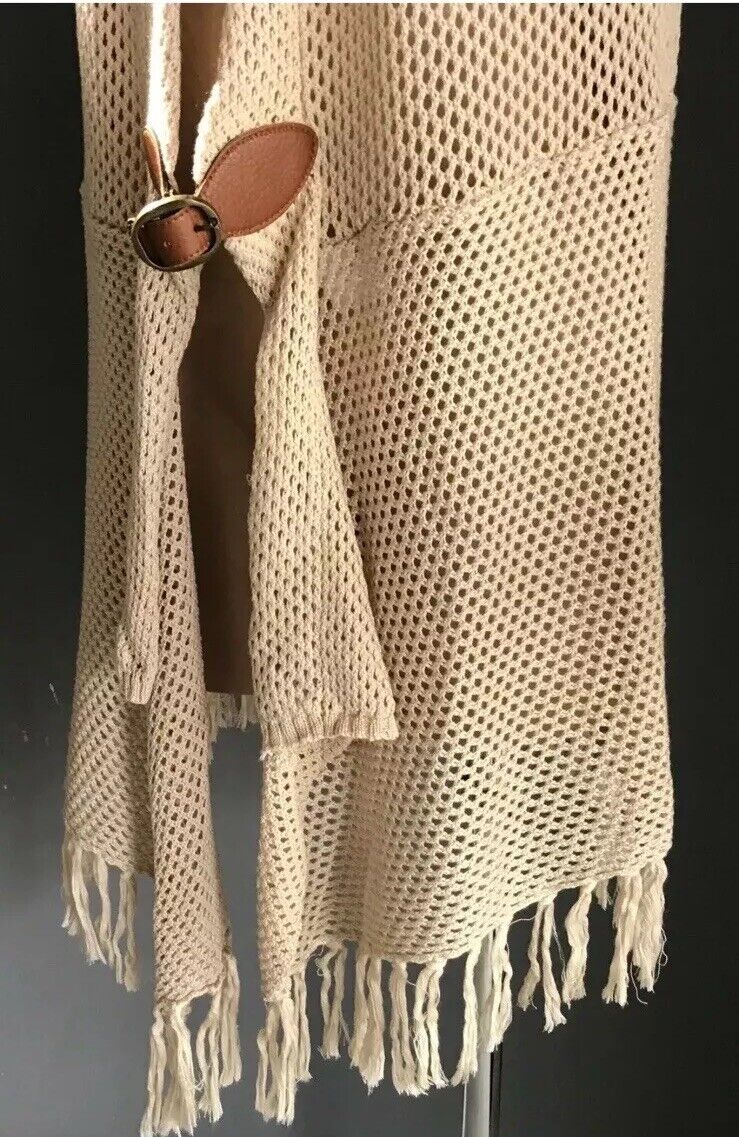 CROSSROADS Long Cardigan Beige Open Knit Jacket Cap Sleeve Fringed  Size 20 NEW