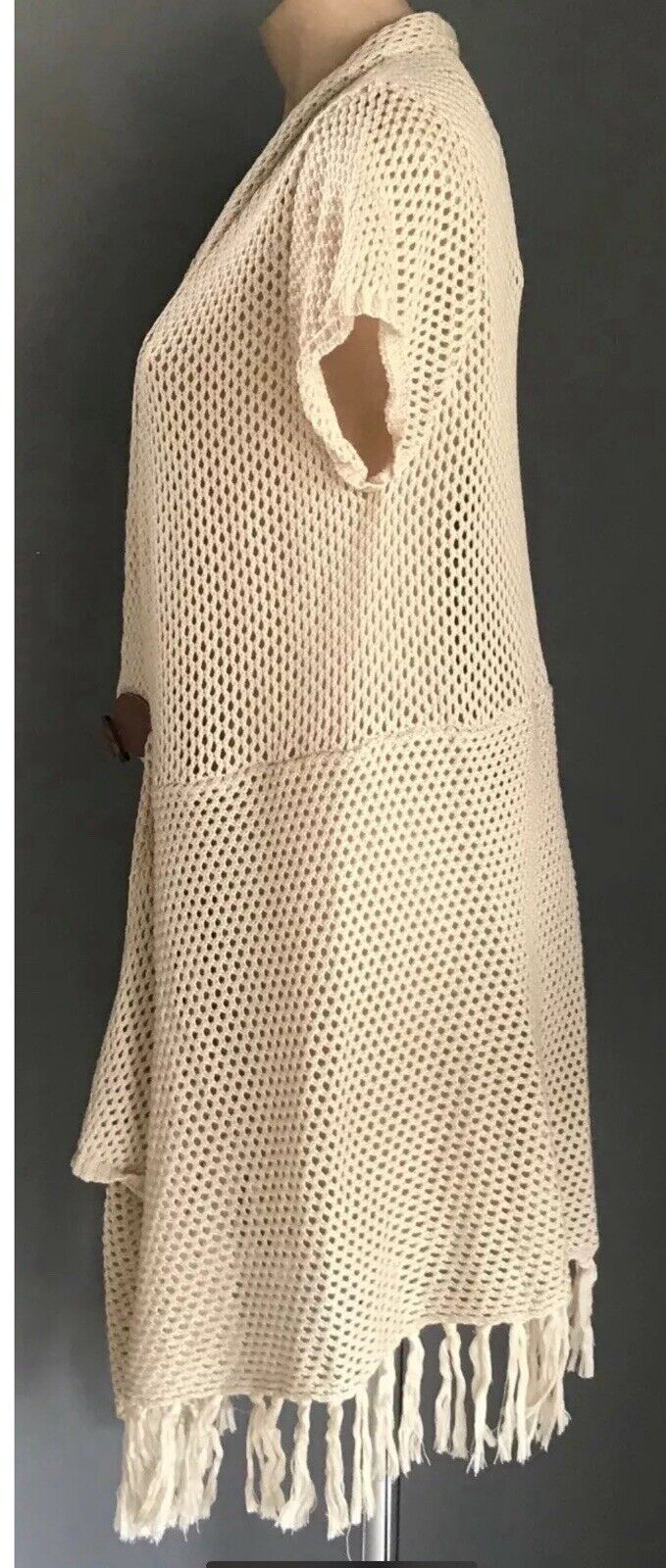 CROSSROADS Long Cardigan Beige Open Knit Jacket Cap Sleeve Fringed  Size 20 NEW