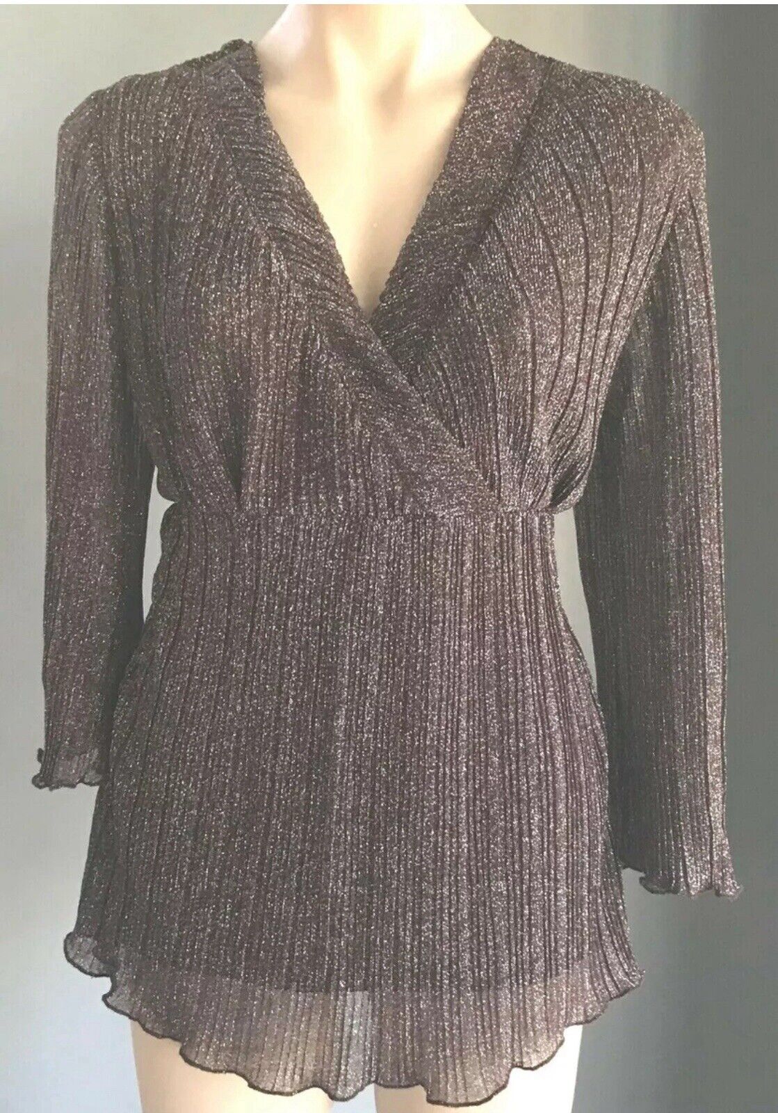 CROSSROADS Top Brown & Silver Metallic Thread 3/4 Bell Sleeve Tie Back Size 8 10