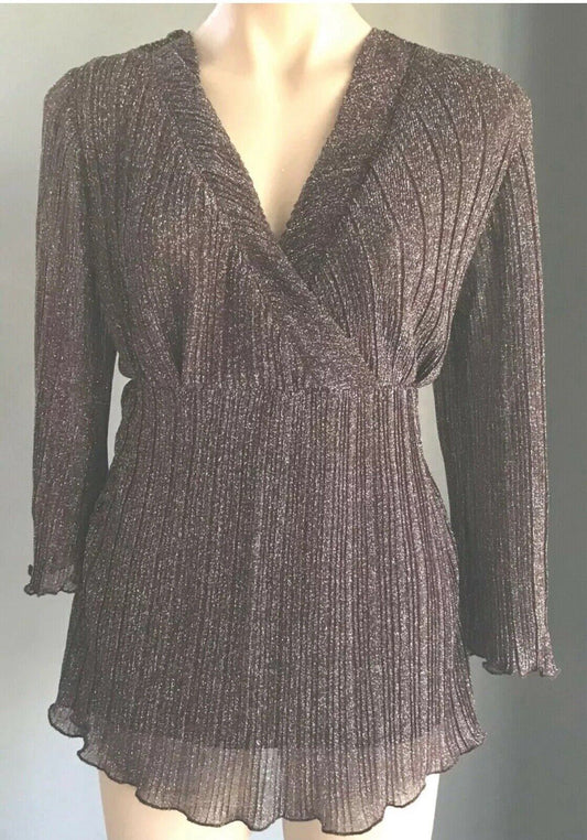 CROSSROADS Top Brown & Silver Metallic Thread 3/4 Bell Sleeve Tie Back Size 8 10