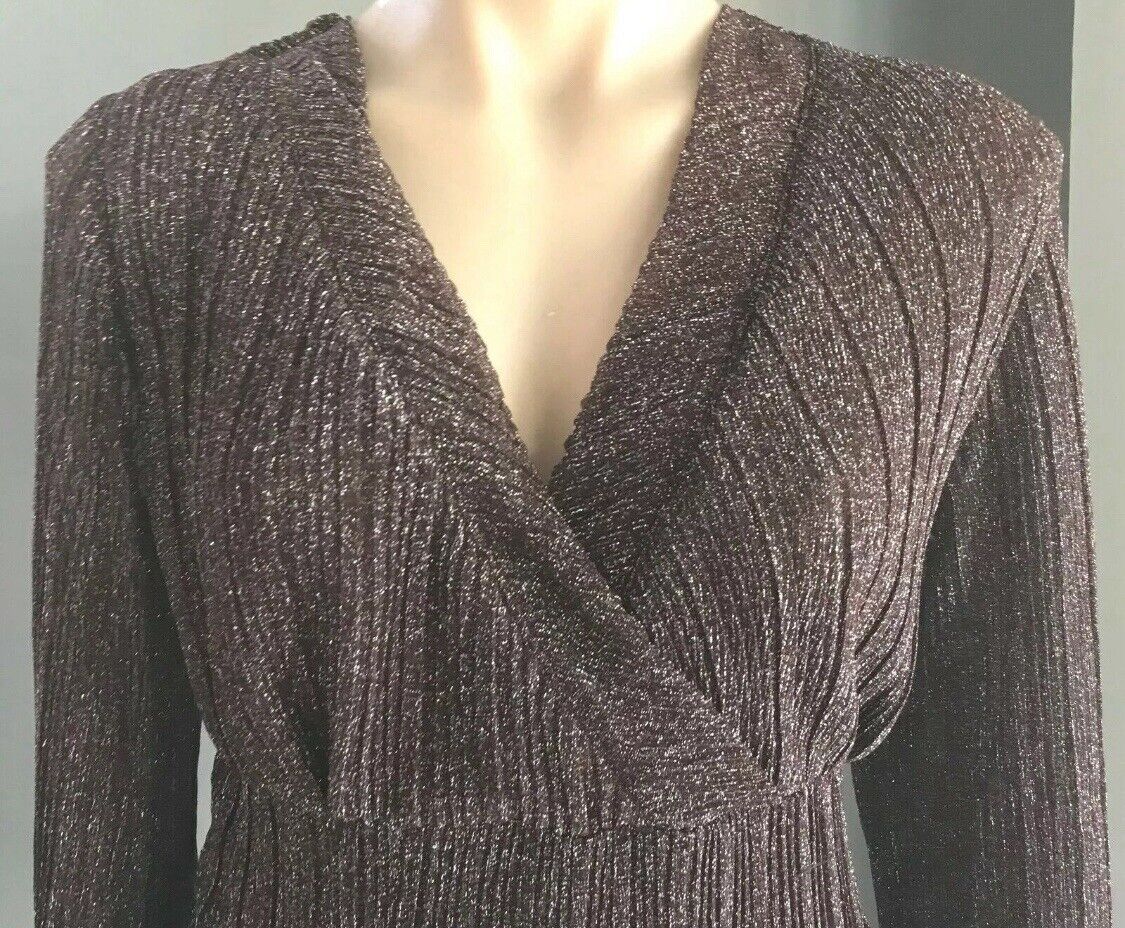 CROSSROADS Top Brown & Silver Metallic Thread 3/4 Bell Sleeve Tie Back Size 8 10