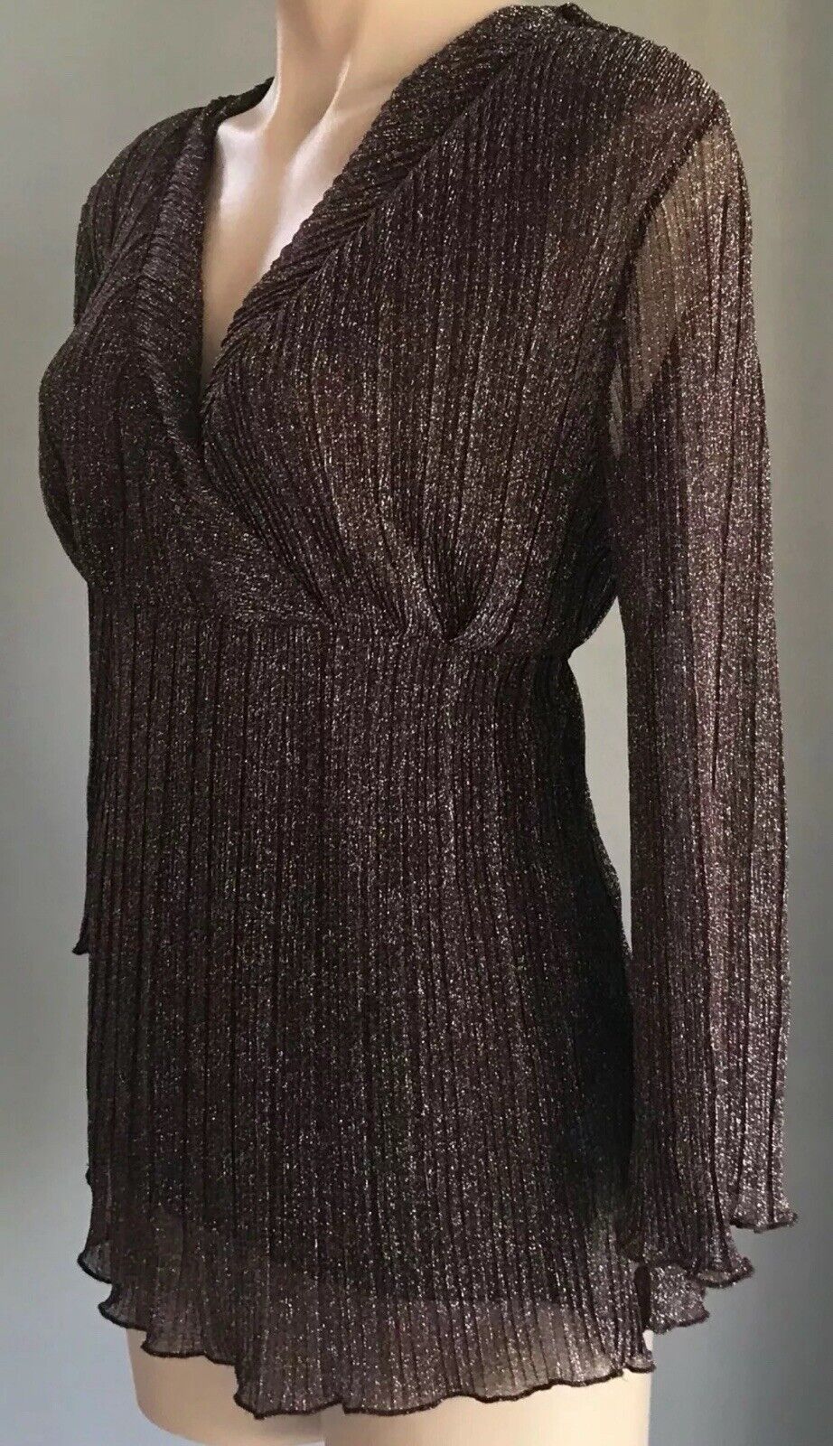 CROSSROADS Top Brown & Silver Metallic Thread 3/4 Bell Sleeve Tie Back Size 8 10