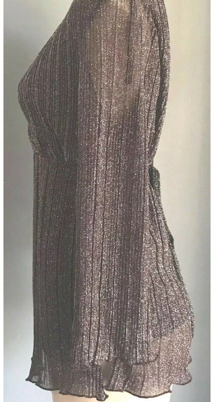 CROSSROADS Top Brown & Silver Metallic Thread 3/4 Bell Sleeve Tie Back Size 8 10