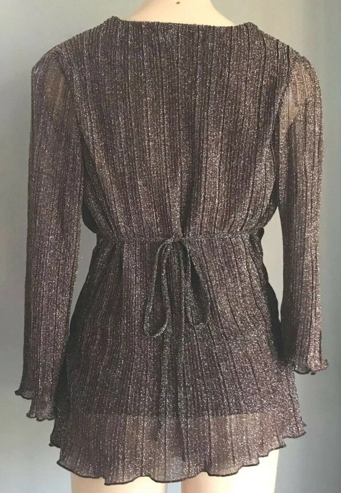 CROSSROADS Top Brown & Silver Metallic Thread 3/4 Bell Sleeve Tie Back Size 8 10