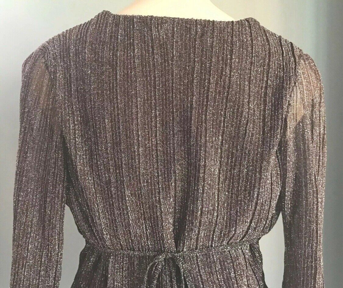 CROSSROADS Top Brown & Silver Metallic Thread 3/4 Bell Sleeve Tie Back Size 8 10