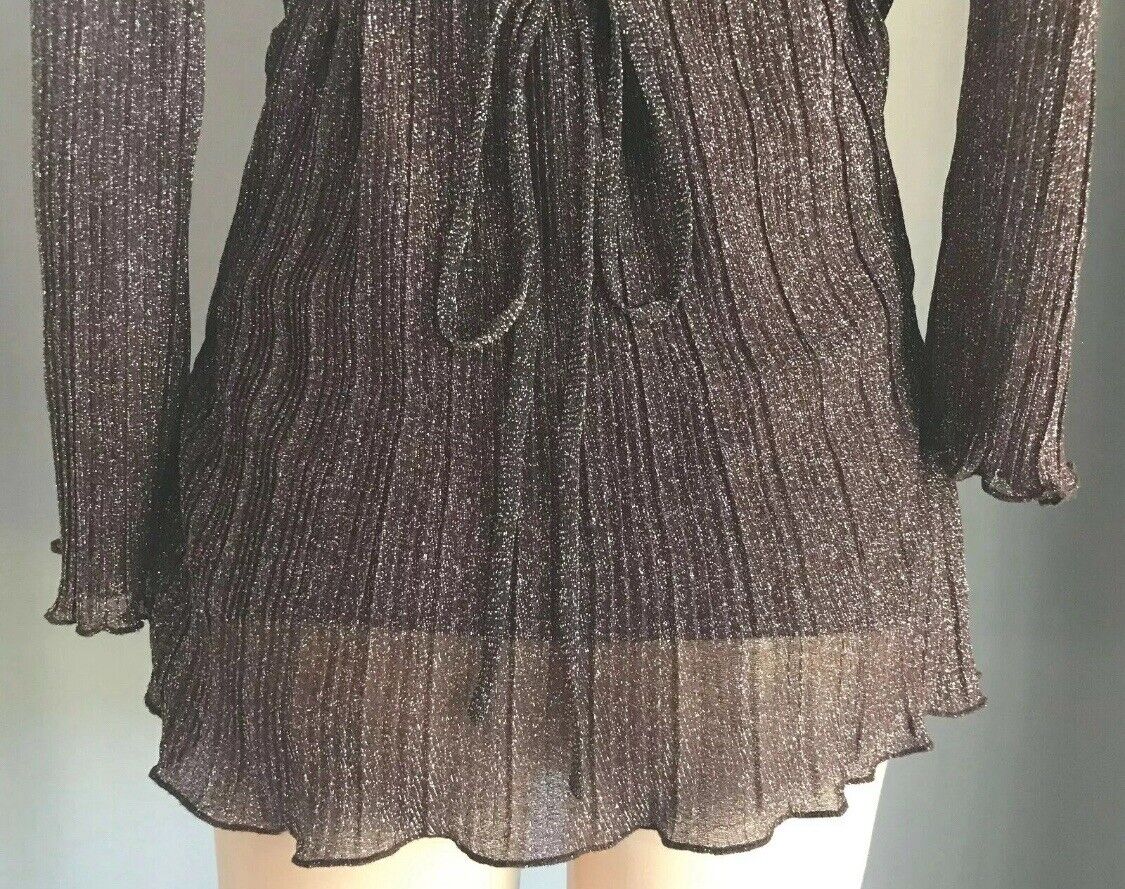 CROSSROADS Top Brown & Silver Metallic Thread 3/4 Bell Sleeve Tie Back Size 8 10