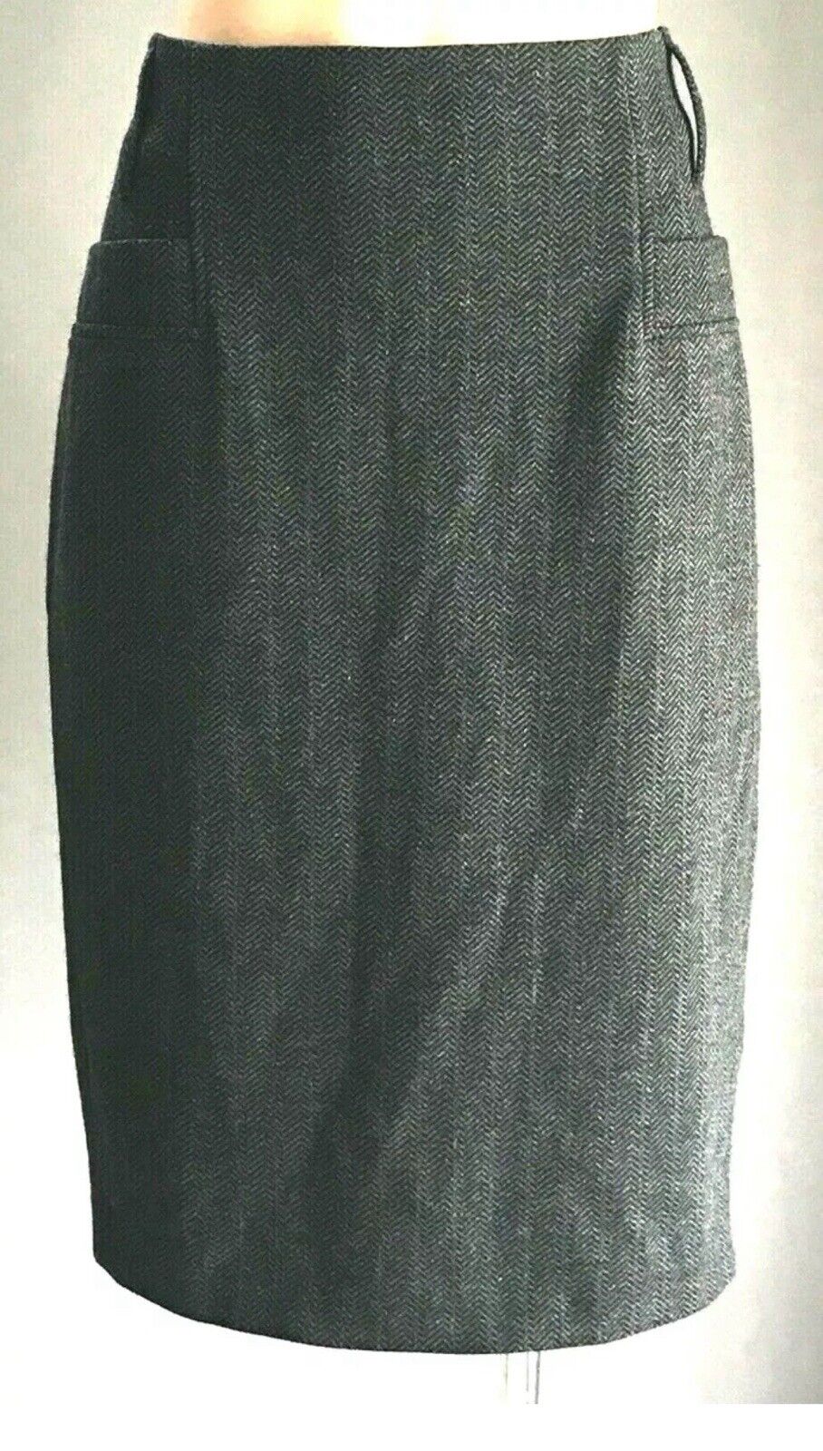 ESPRIT Collection Midi Skirt Grey & Black Herringbone Print Wool Mix Size 10