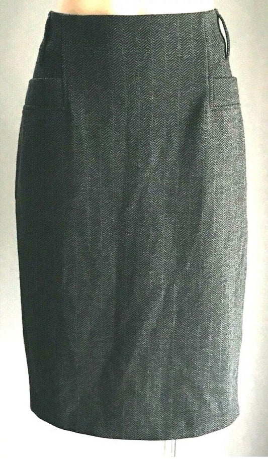 ESPRIT Collection Midi Skirt Grey & Black Herringbone Print Wool Mix Size 10