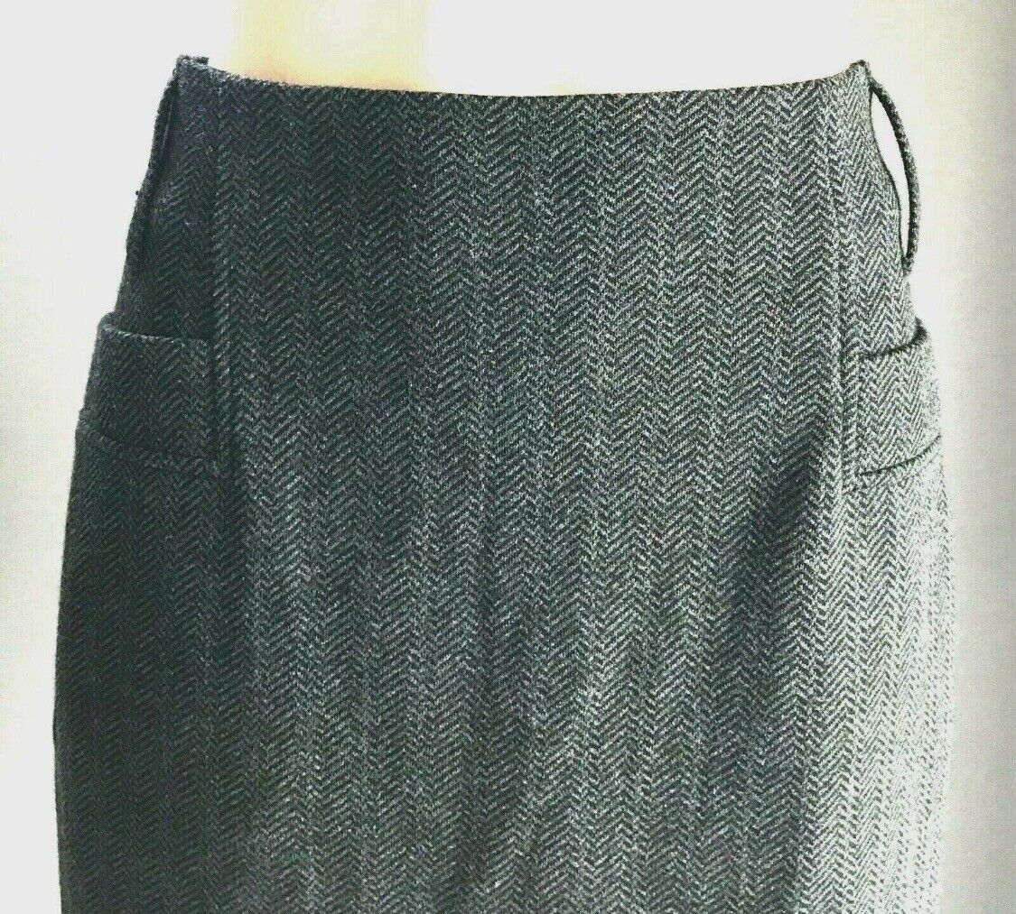 ESPRIT Collection Midi Skirt Grey & Black Herringbone Print Wool Mix Size 10