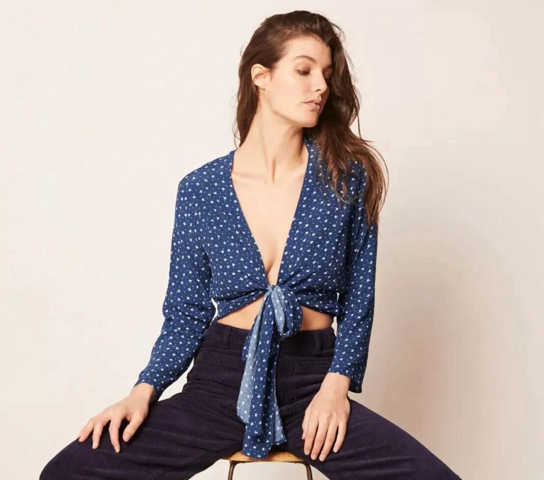 ROLLA'S Delilah Top Blue White Dandelion Print Wrap Blouse ROLLAS Size S 10