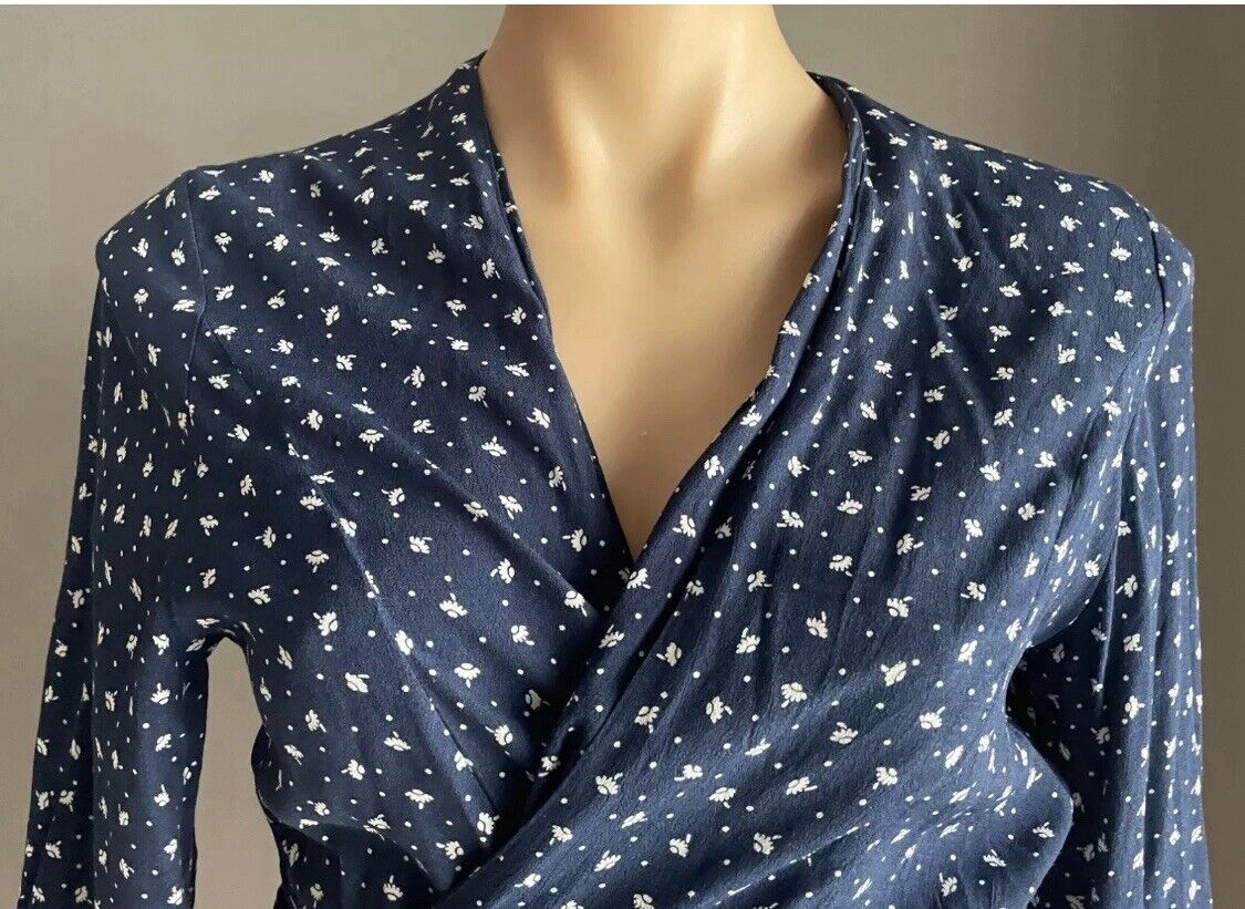 ROLLA'S Delilah Top Blue White Dandelion Print Wrap Blouse ROLLAS Size S 10