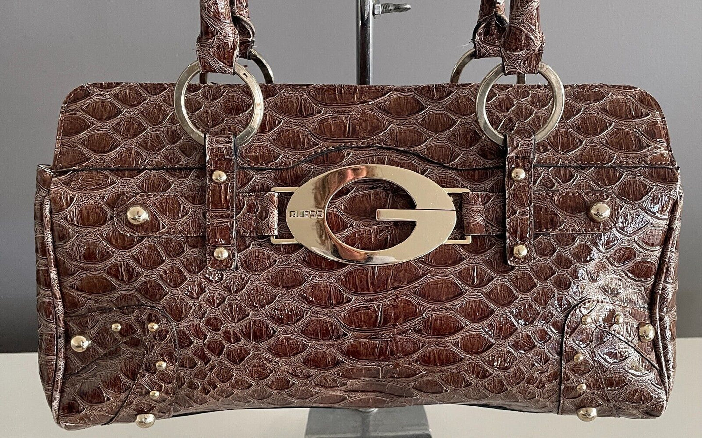 GUESS  Shoulder BagBrown Patent Croc Print Silver Hardware 3 Compartments