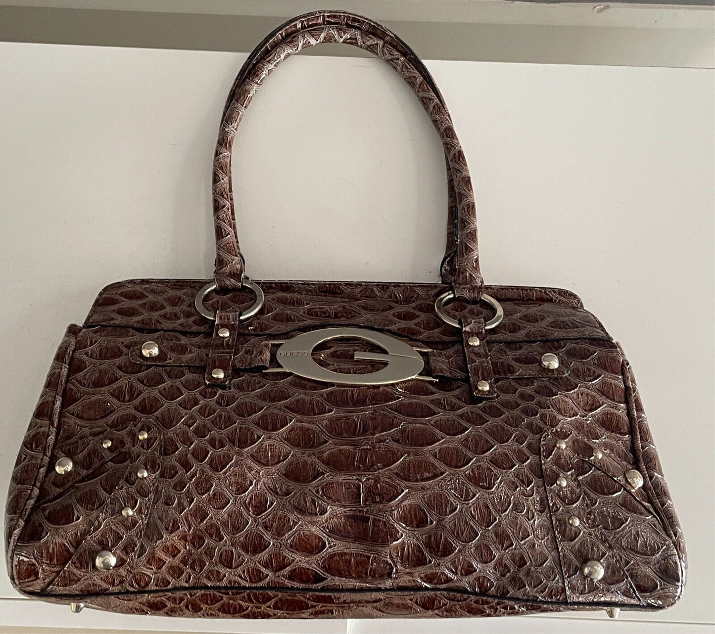 GUESS  Shoulder BagBrown Patent Croc Print Silver Hardware 3 Compartments