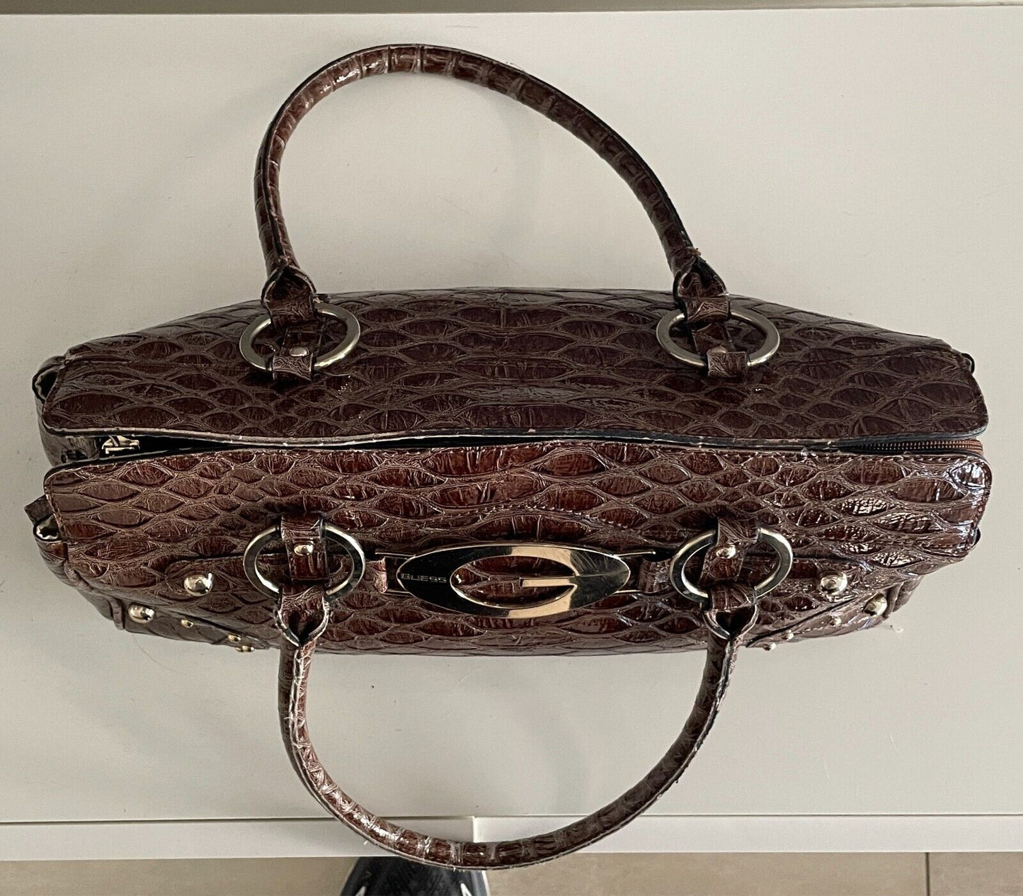 GUESS  Shoulder BagBrown Patent Croc Print Silver Hardware 3 Compartments