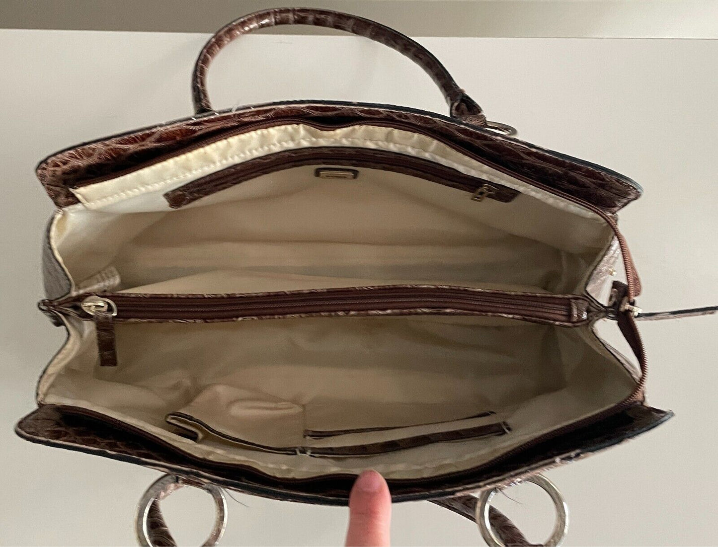 GUESS  Shoulder BagBrown Patent Croc Print Silver Hardware 3 Compartments
