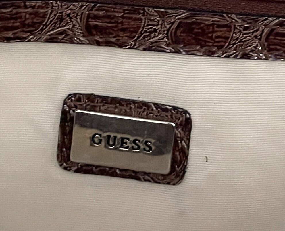 GUESS  Shoulder BagBrown Patent Croc Print Silver Hardware 3 Compartments