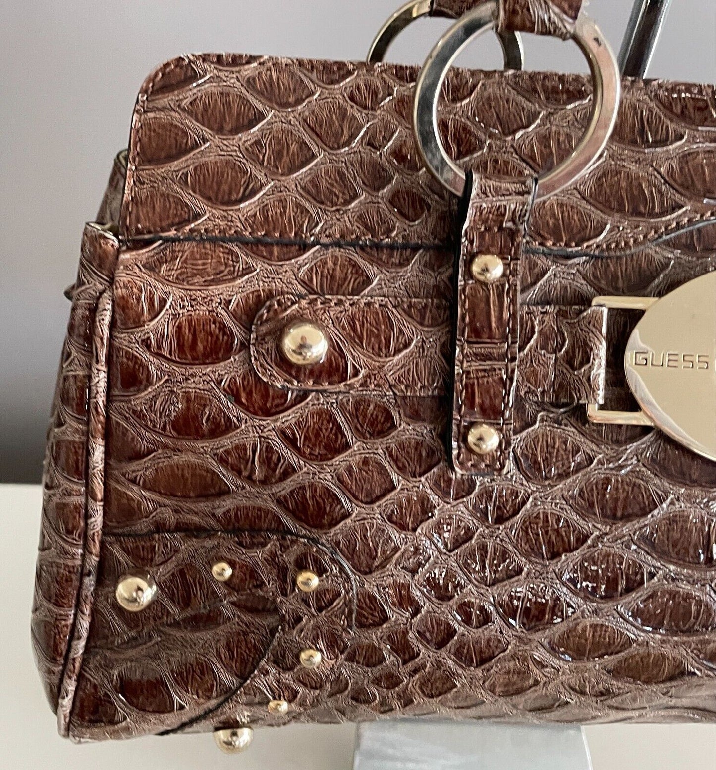GUESS  Shoulder BagBrown Patent Croc Print Silver Hardware 3 Compartments