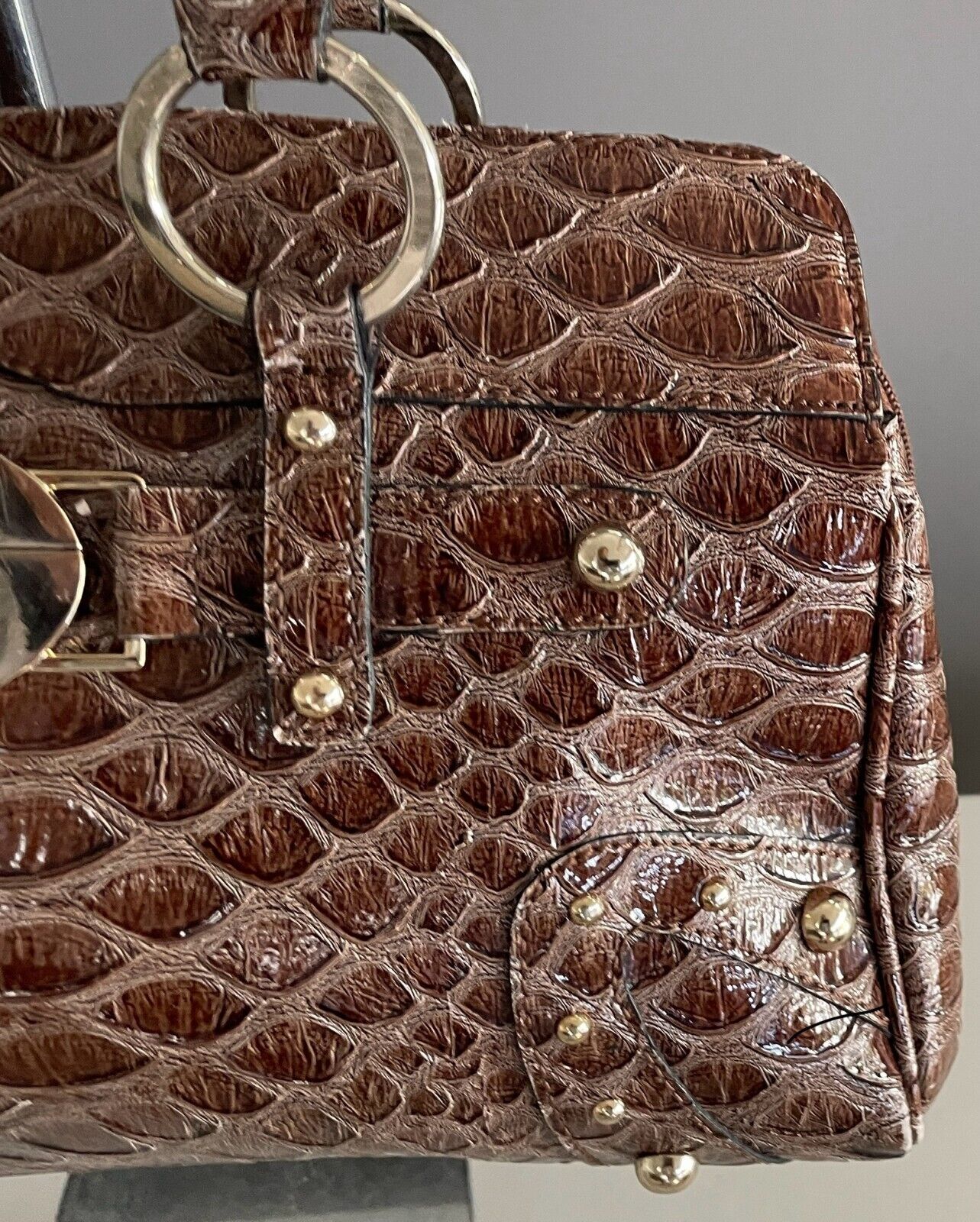 GUESS  Shoulder BagBrown Patent Croc Print Silver Hardware 3 Compartments