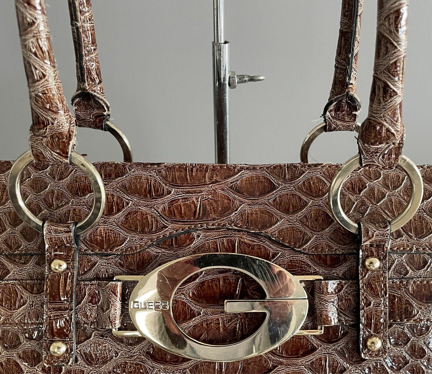 GUESS  Shoulder BagBrown Patent Croc Print Silver Hardware 3 Compartments