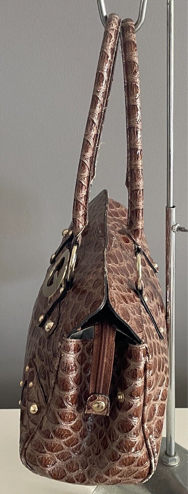 GUESS  Shoulder BagBrown Patent Croc Print Silver Hardware 3 Compartments
