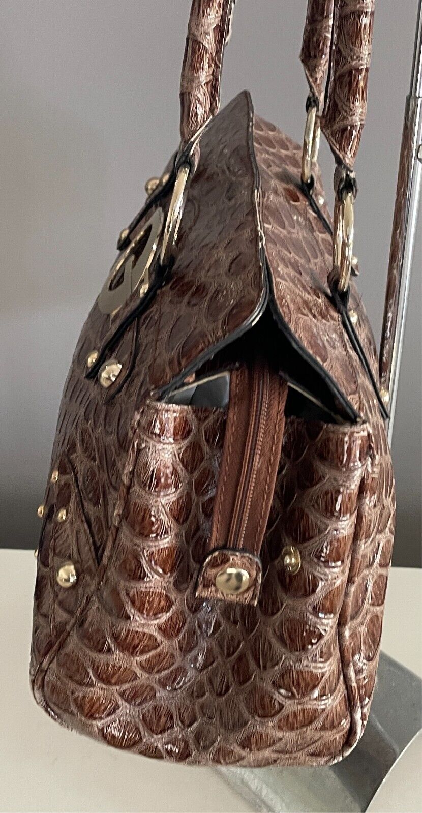 GUESS  Shoulder BagBrown Patent Croc Print Silver Hardware 3 Compartments