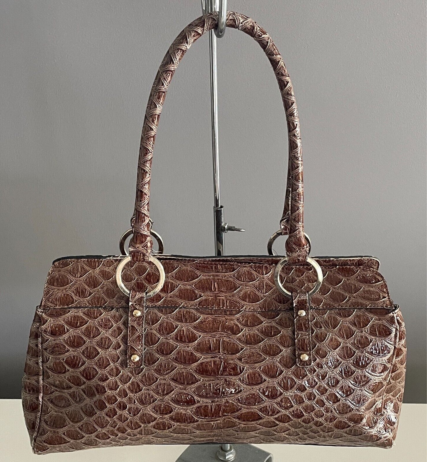 GUESS  Shoulder BagBrown Patent Croc Print Silver Hardware 3 Compartments