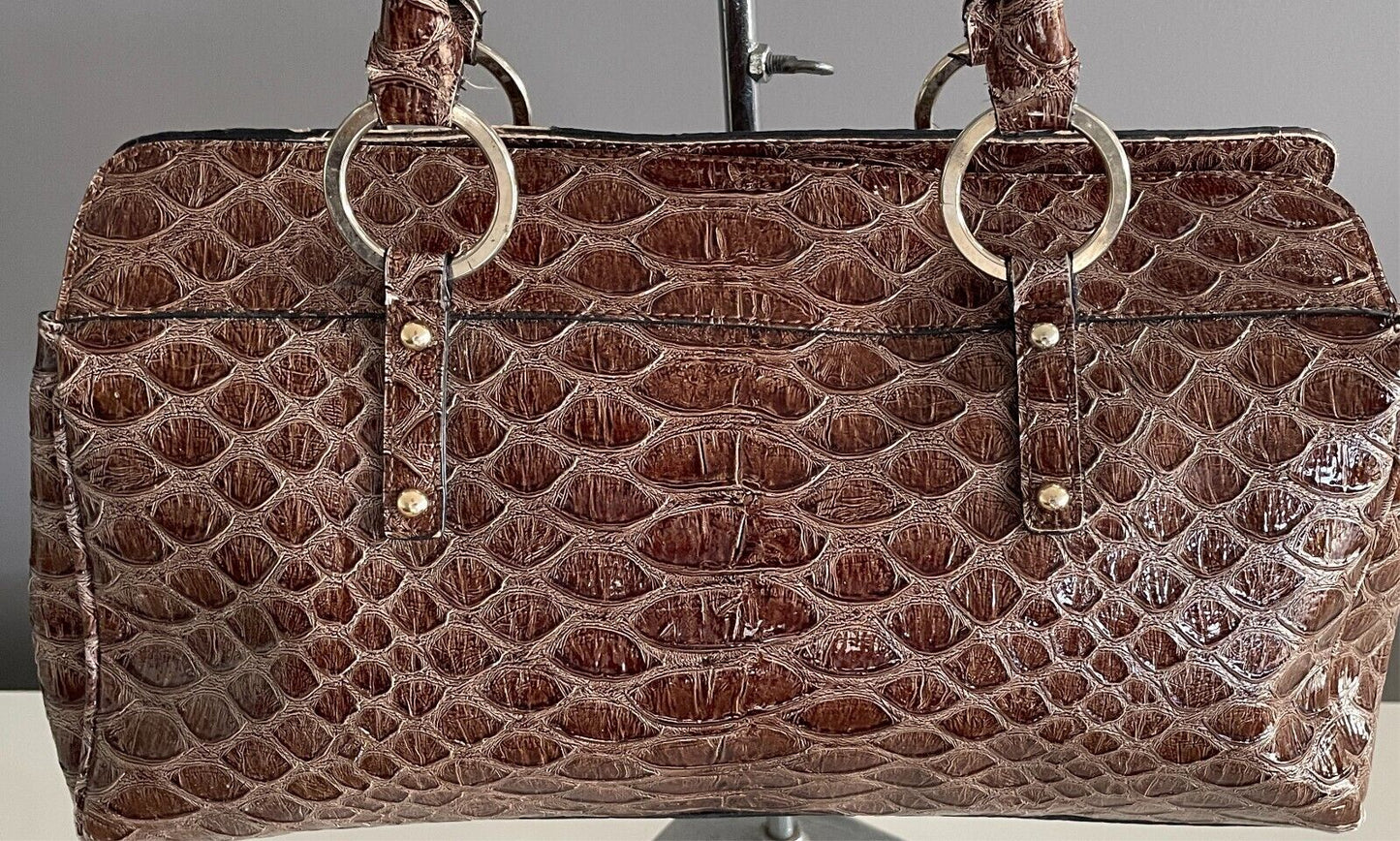 GUESS  Shoulder BagBrown Patent Croc Print Silver Hardware 3 Compartments