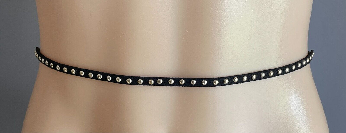 Black Pleather Cord Tie Belt Gold Studded Tassel Ends Size 8 12 Very Thin Goth