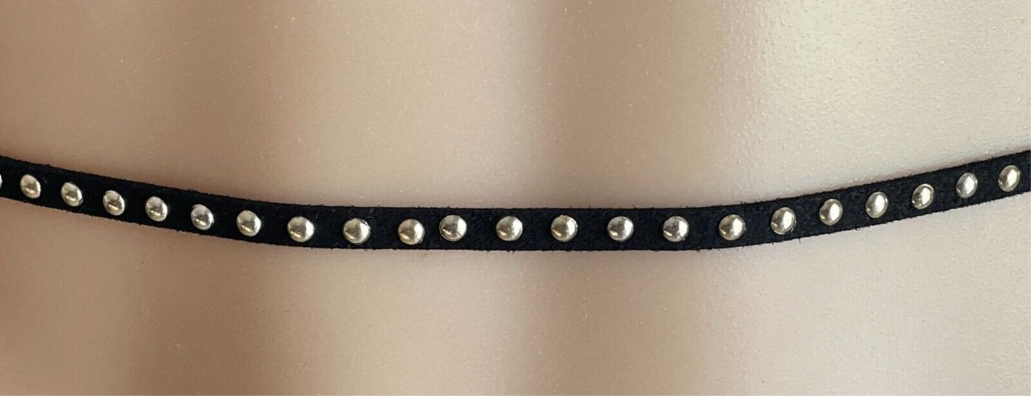 Black Pleather Cord Tie Belt Gold Studded Tassel Ends Size 8 12 Very Thin Goth