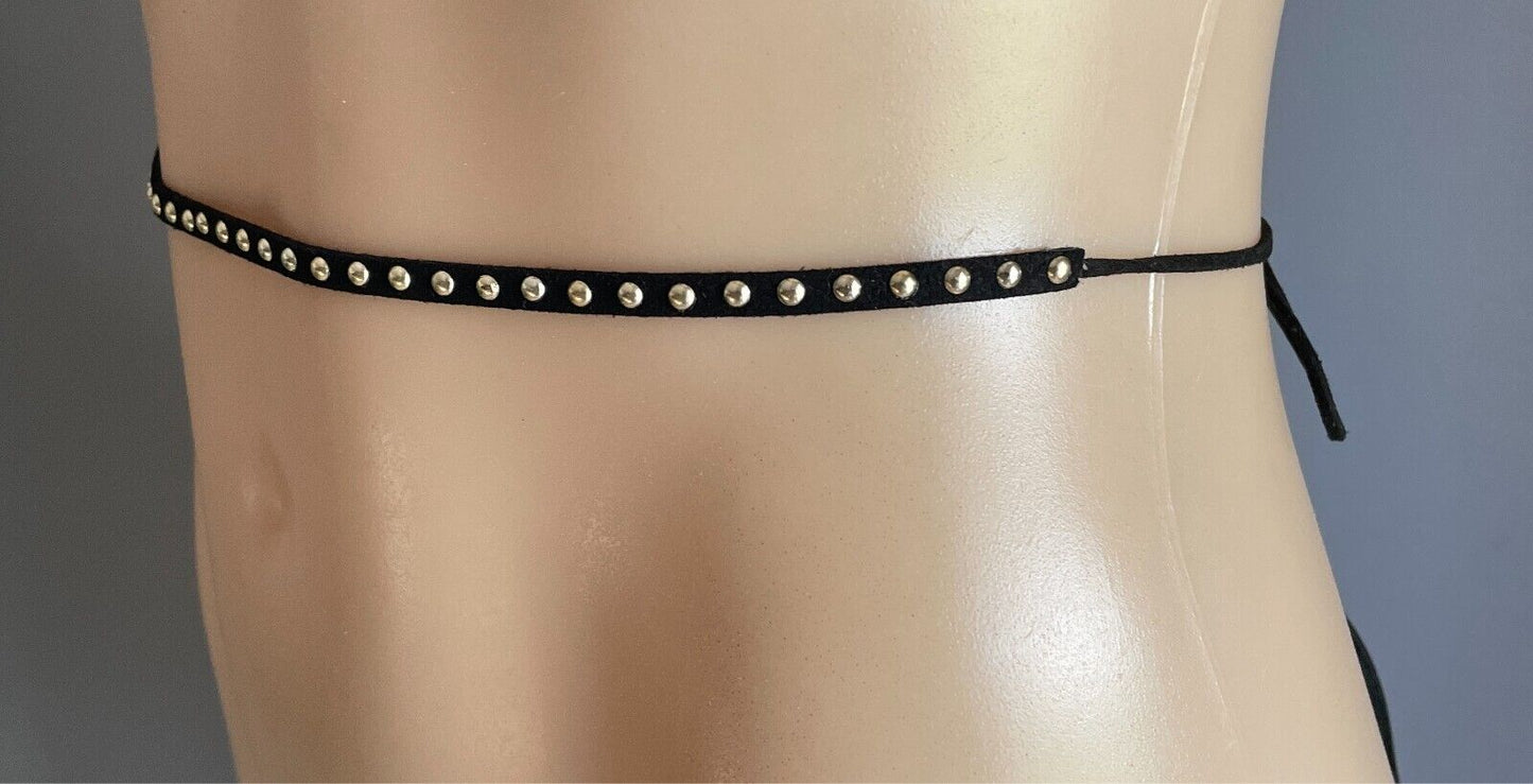 Black Pleather Cord Tie Belt Gold Studded Tassel Ends Size 8 12 Very Thin Goth