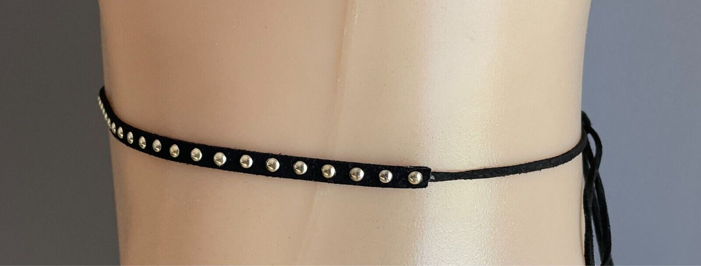 Black Pleather Cord Tie Belt Gold Studded Tassel Ends Size 8 12 Very Thin Goth
