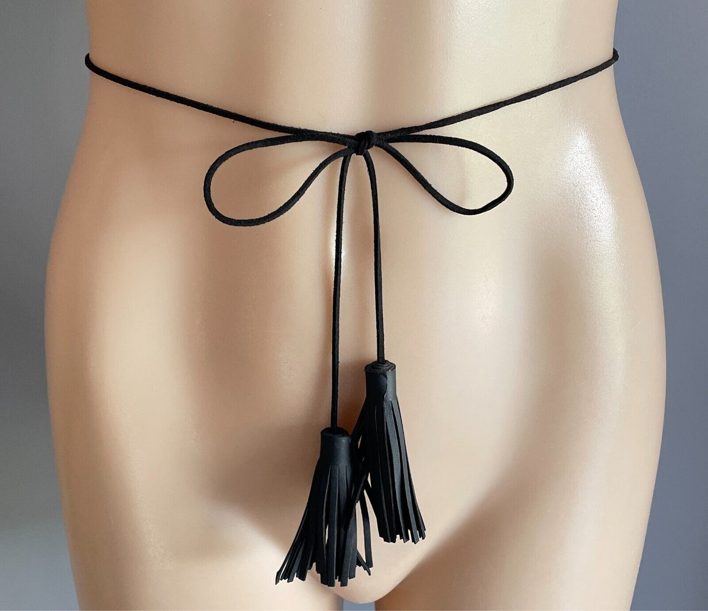 Black Pleather Cord Tie Belt Gold Studded Tassel Ends Size 8 12 Very Thin Goth