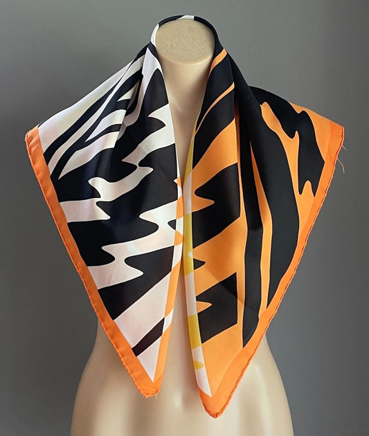 JIM RENOIR Neck Scarf Vintage Orange Yellow Black White Abstract Sq Bright