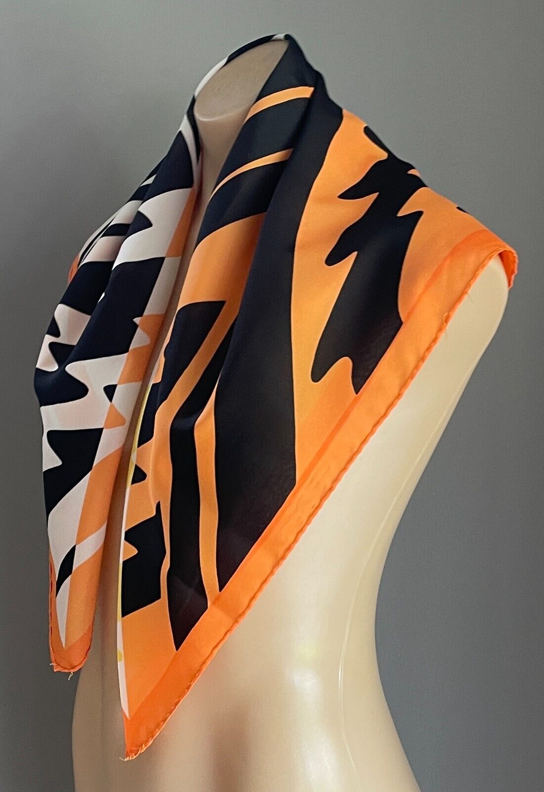 JIM RENOIR Neck Scarf Vintage Orange Yellow Black White Abstract Sq Bright