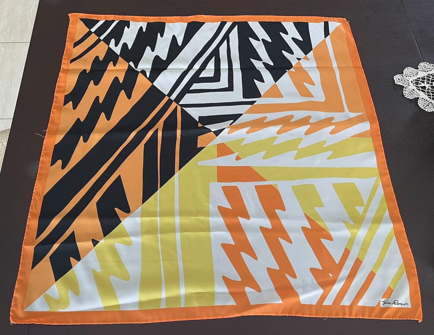 JIM RENOIR Neck Scarf Vintage Orange Yellow Black White Abstract Sq Bright