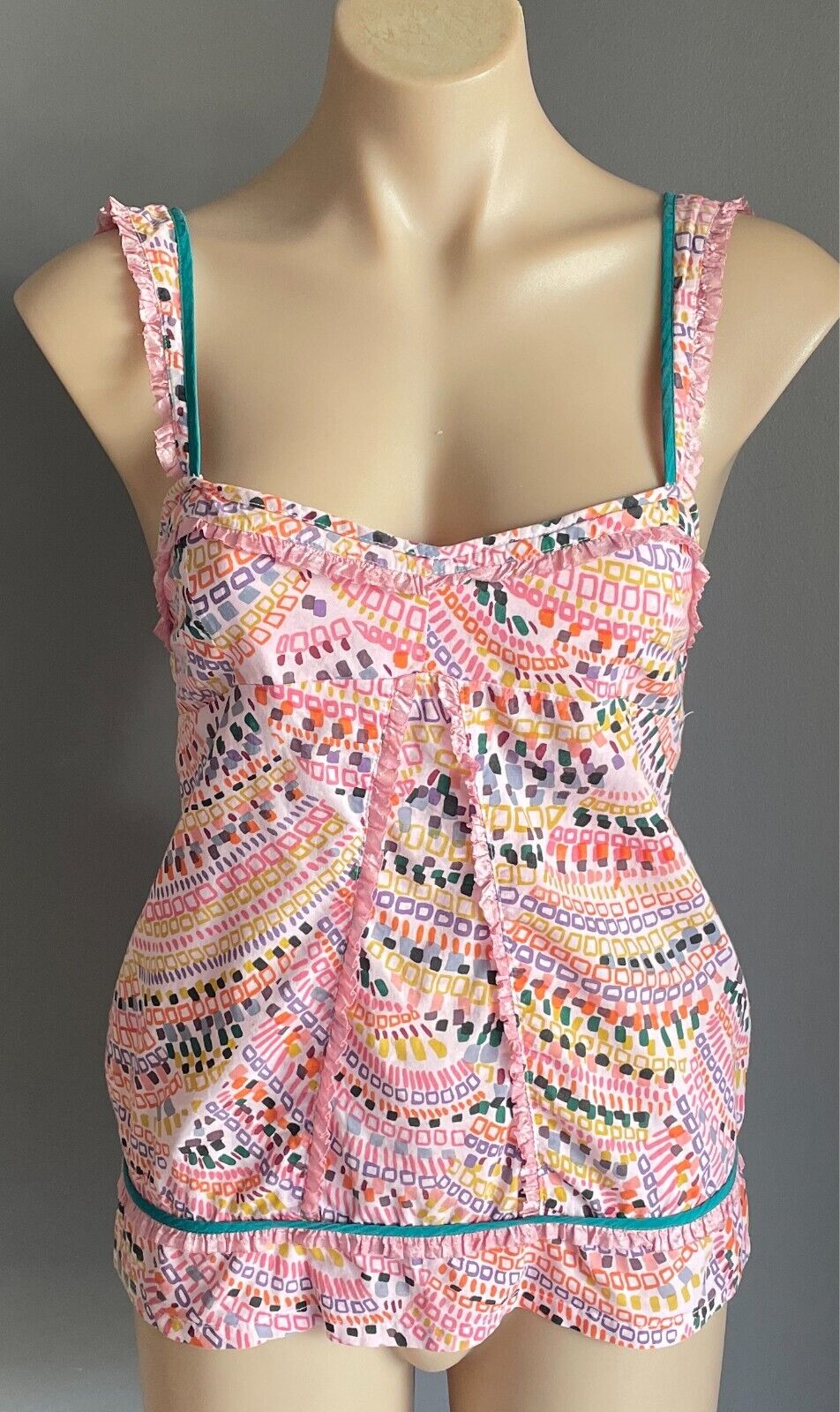 TIGERLILY Top Multicolour & Print Sleeveless Blouse Cotton Ribbon Trim Size 10