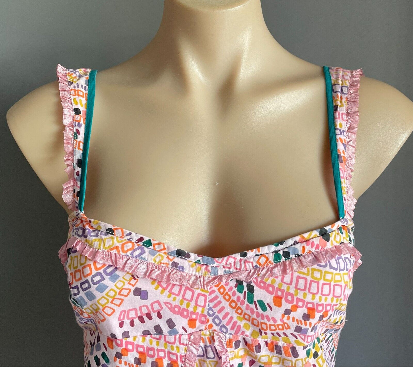 TIGERLILY Top Multicolour & Print Sleeveless Blouse Cotton Ribbon Trim Size 10