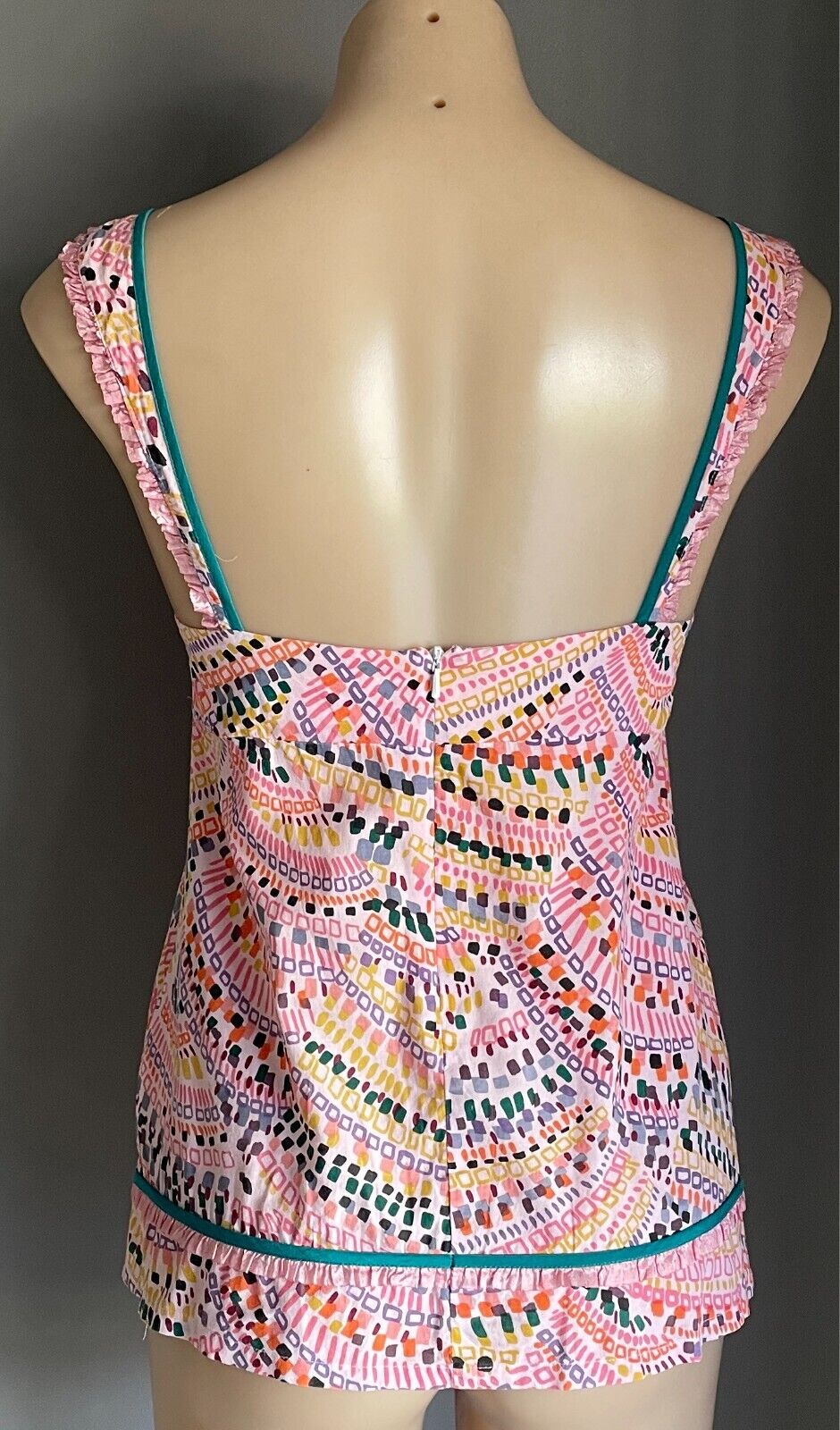 TIGERLILY Top Multicolour & Print Sleeveless Blouse Cotton Ribbon Trim Size 10