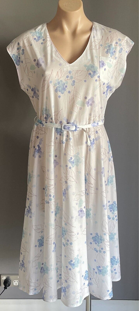Vtg ADVENTURE FASHIONS Dress Floral White Blue Green Taupe Waist Belt Size 14