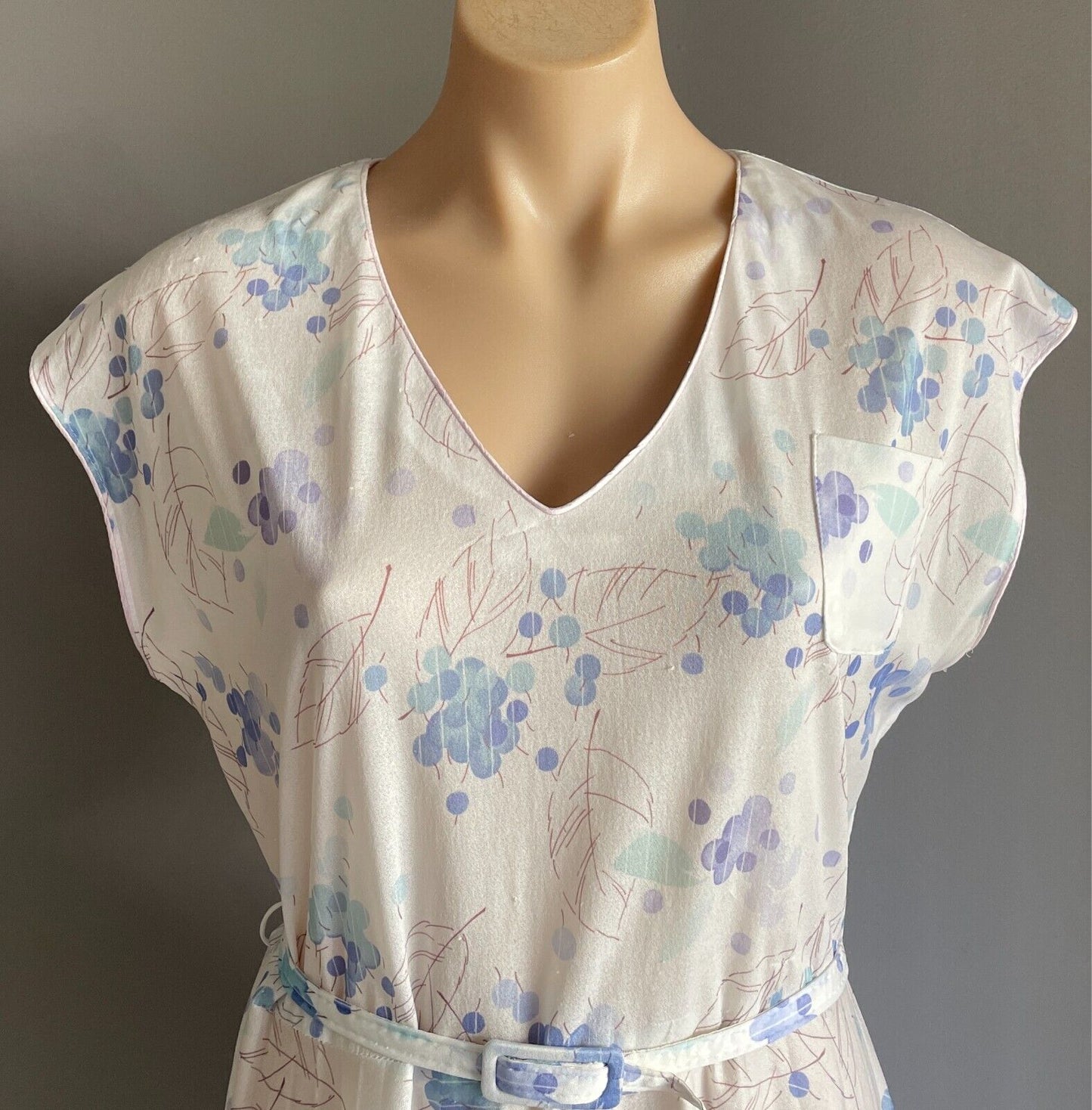 Vtg ADVENTURE FASHIONS Dress Floral White Blue Green Taupe Waist Belt Size 14