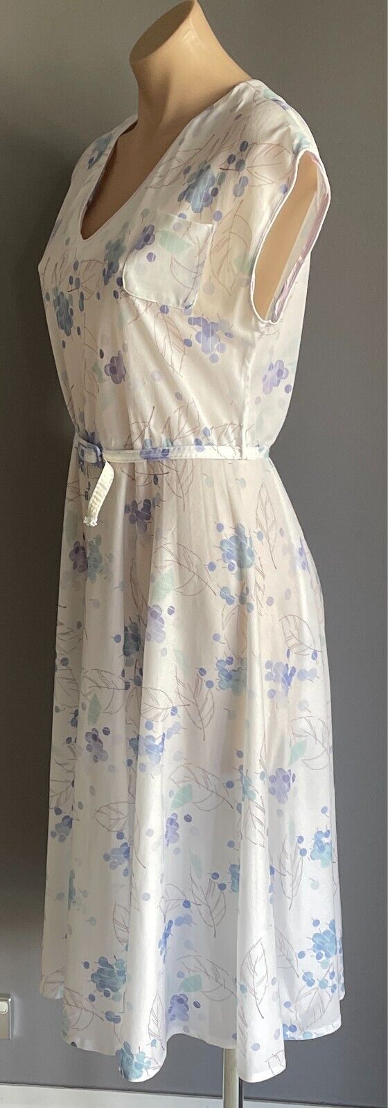 Vtg ADVENTURE FASHIONS Dress Floral White Blue Green Taupe Waist Belt Size 14
