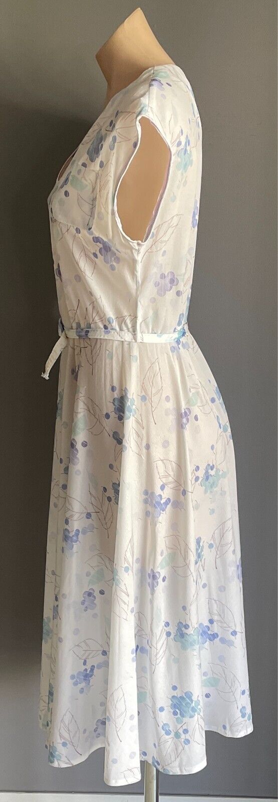 Vtg ADVENTURE FASHIONS Dress Floral White Blue Green Taupe Waist Belt Size 14